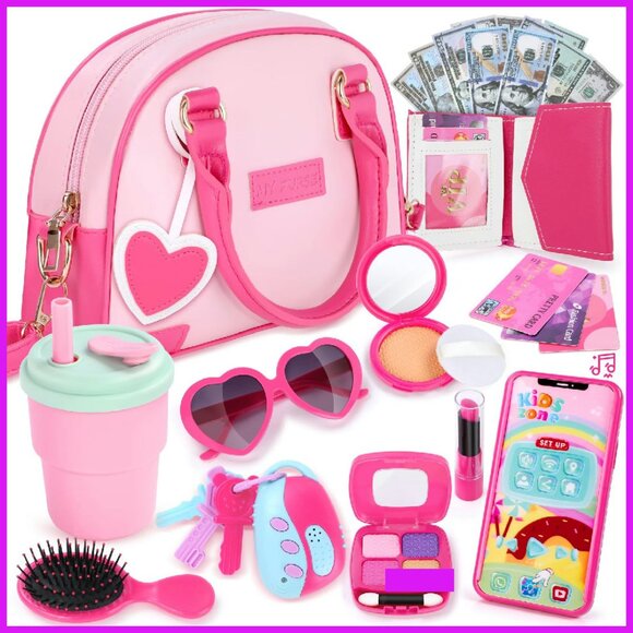 Little Girls Pretend Play Purse Set with Toy Makeup Accessories Princess Gift
